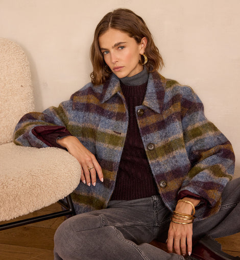 MANTEAU MI-LONG DANNY EN LAINE À CARREAUX