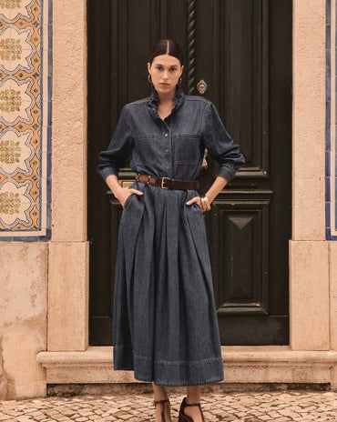 JUPE MIDI EN DENIM À PLIS OXANE