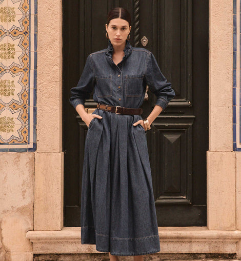 JUPE MIDI EN DENIM À PLIS OXANE