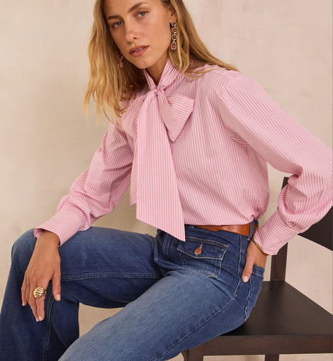 BLOUSE À COL LAVALLIÈRE & À RAYURES EN 100% COTON SANDRINE