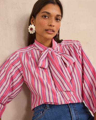 BLOUSE RAYÉE À COL LAVALIÈRE EN COTON DOMITILLE