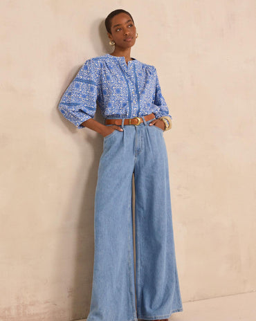 BLOUSE IMPRIMÉE À DENTELLES EN COTON MÉLANGÉ DOMY