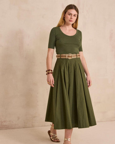 JUPE TRAPÈZE EN COTON OLIVE